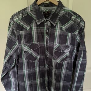 👣Helix Grey and Green Plaid Western Shirt